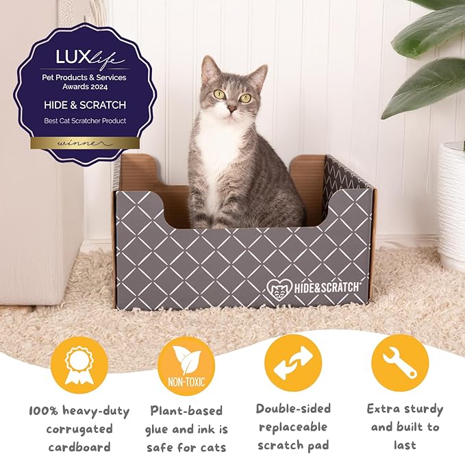 HIDE & SCRATCH Cardboard Cat Scratcher; Cat Scratcher Box and Bed with Refillable Double-Sided Cardboard Scratch Pad for Indoor Cats (2 Cat Pack)
