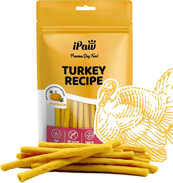 iPaw Turkey Dog Treats, All Natural Human Grade Dog Treat, Suitable for Training chew, US Sourced Raw Material, Hypoallergenic, Rawhide Alternative, Thin Stick (Pumpkin)