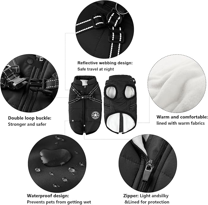 Aiboria Dog Coat for Winter Waterproof Dogs Jackets Windproof Fleece Small Dog Vest Harness Winter Padded Pet Black M