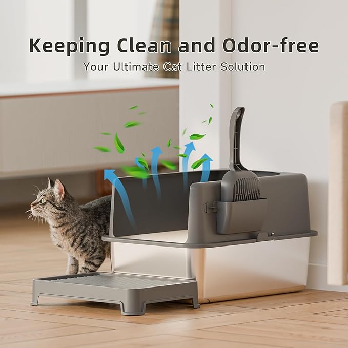 High-Sided Stainless Steel Cat Litter Box,Stainless Steel Litter Box with Lid,Medium Litter Box,Easy-to-Clean Metal Litter Pan for Cats (19‘’L X 14''W X 6''H with Scoop&mat), Sliver