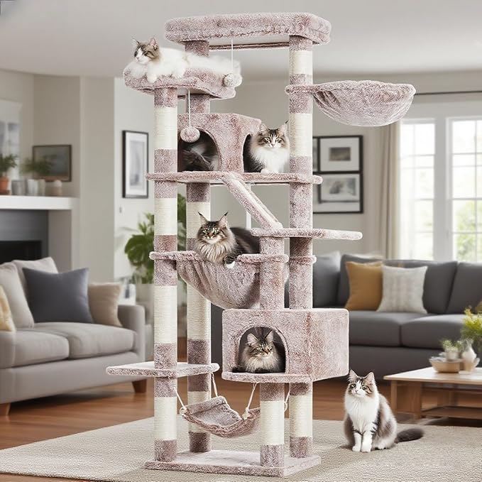 Heybly Cat Tree, 71-Inch-Tall Tower for Indoor Cats with 2 Perches, 2 Big Condos, 2 Hammocks, Basket, Scratching Pad, Large Cat Furniture and Condo, Mushroom HCT034MU