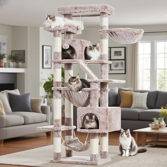 Heybly Cat Tree, 71-Inch-Tall Tower for Indoor Cats with 2 Perches, 2 Big Condos, 2 Hammocks, Basket, Scratching Pad, Large Cat Furniture and Condo, Mushroom HCT034MU