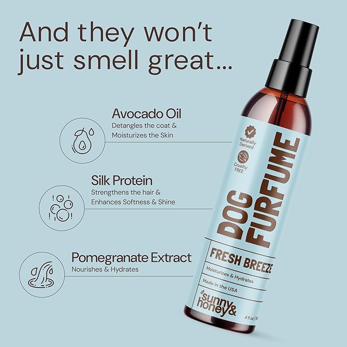 Sunny & Honey Dog Perfume Spray Long Lasting - 4 fl oz (2-Pack) - Deodorizing, Detangling & Hydrating with Avocado Oil & Silk Protein - pH Balanced Dog Cologne Spray - Fresh Breeze Scent