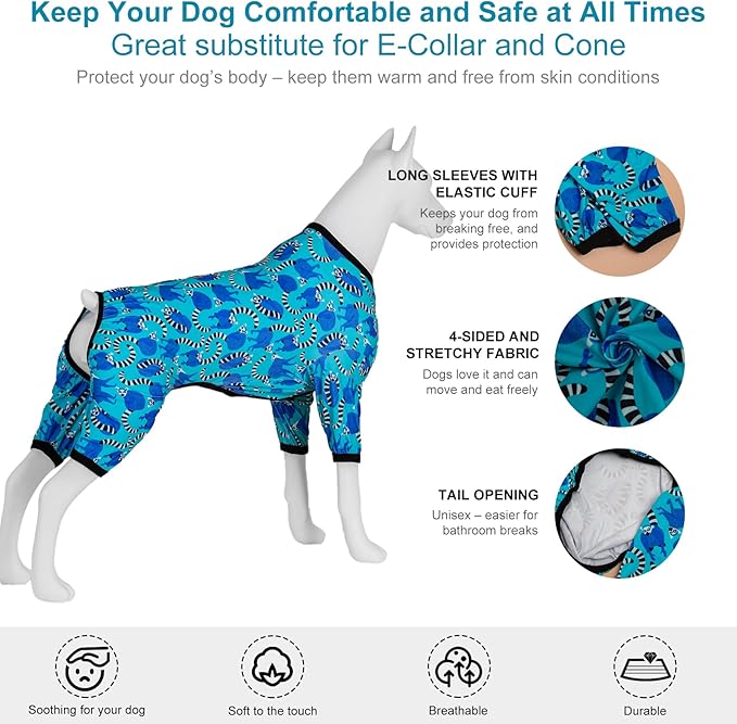 LovinPet Pitbull Pjs for Dogs, Pet Anxiety Relief, Uv Protection Dog Clothes, Comfy Stretchy, Lightweight Fabric, Lemur Print, Large Dog Pjs, Pitbull Clothes,Large