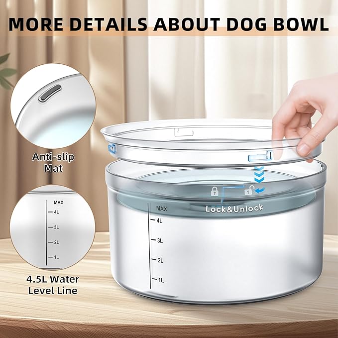 Decflow 1.2Gallon Dog Water Bowl No Spill, 4.5L Large Capacity Spill Proof Dog Bowls with Transparent Floating Disk, No Splash Slow Drinking Dog Bowl for Sloppy Messy Drinkers (Clear)