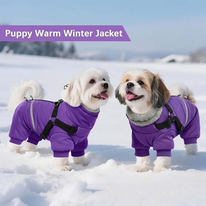 BRKURLEG Purple Dog Coat with Harness, Dog Winter Jacket, Dogs Onesie Body Warm Jackets, Small Medium Dogs Winter Coats Reflective Windproof Warm Cold Weather Coats, Pet Waterproof Jacket, XXL