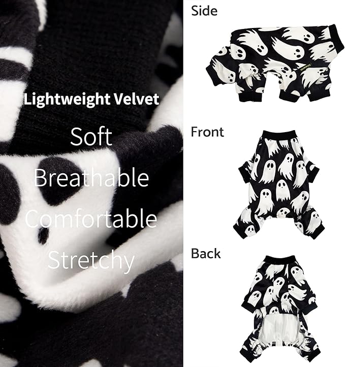 Fitwarm Halloween Ghost Dog Pajamas, Funny Halloween Costumes for Dogs, Fleece Dog Onesie with Feet, Doggy Clothes for Small Dogs Boy Girl, Pet Apparel, Black, White, Medium