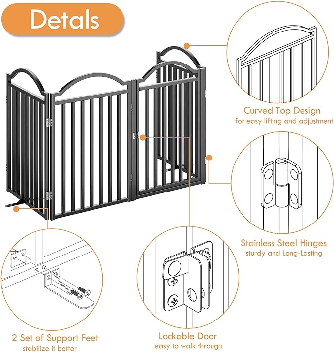 UDD Dog Gate Indoor 96" Extra Wide, 32" Tall Foldable Pet Gate with Door for Stairs Doorways Hallways Porch, Freestanding No Drilling Metal Pet Fence for Dogs Puppy, Black 4-Panel