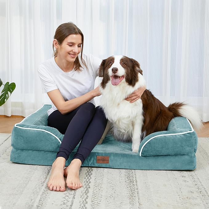Comfort Expression Orthopedic Dog Bed for Medium Dogs 28x19 Inch, Waterproof Egg Crate Foam Medium Pet Bed with Removable Bolsters, Dog Couch with Washable Cover & Non-Slip Bottom, Washed Blue