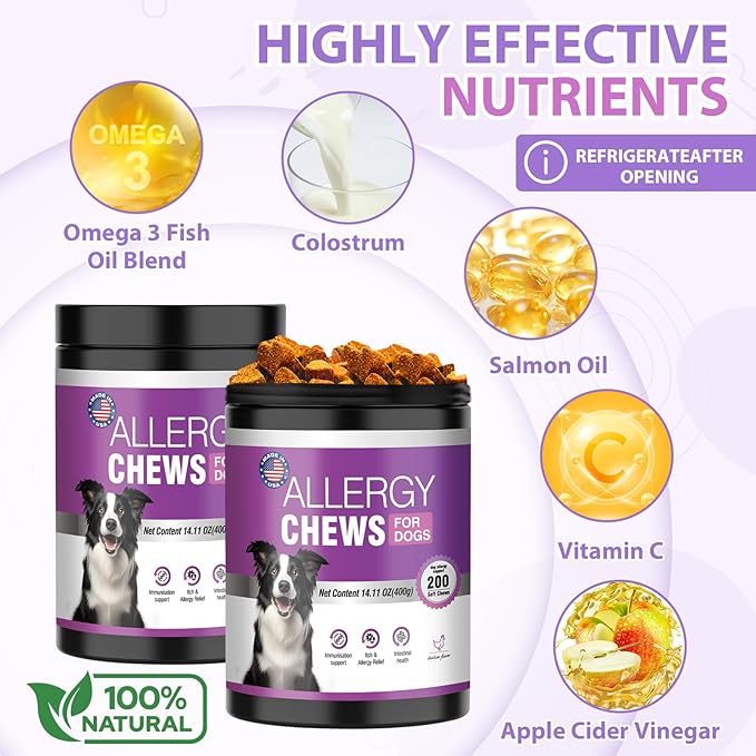 Dog Allergy Chews 400PCs,Dog Allergy and Itching Skin Relief Anti Itch Aller Immune Bites for Dogs Itching Licking Paws Treatment Relief Itchy Aller Probiotics Vitamins for Skin and Coat Allergies