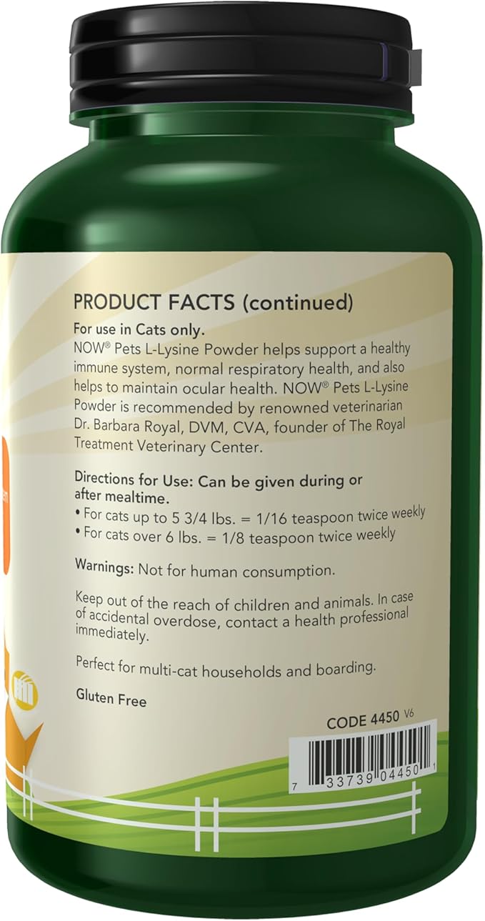 NOW Pet Health, L-Lysine Supplement, Powder, Formulated for Cats, NASC Certified, 8-Ounce