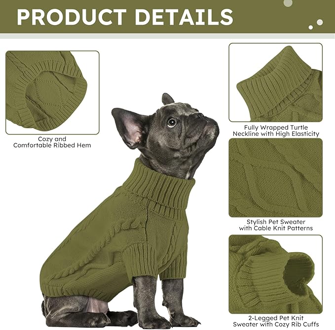 Queenmore Small Dog Pullover Sweater, Cold Weather Cable Knitwear, Classic Turtleneck Thick Warm Clothes for Chihuahua, Bulldog, Dachshund, Pugl,OliveGreen,S