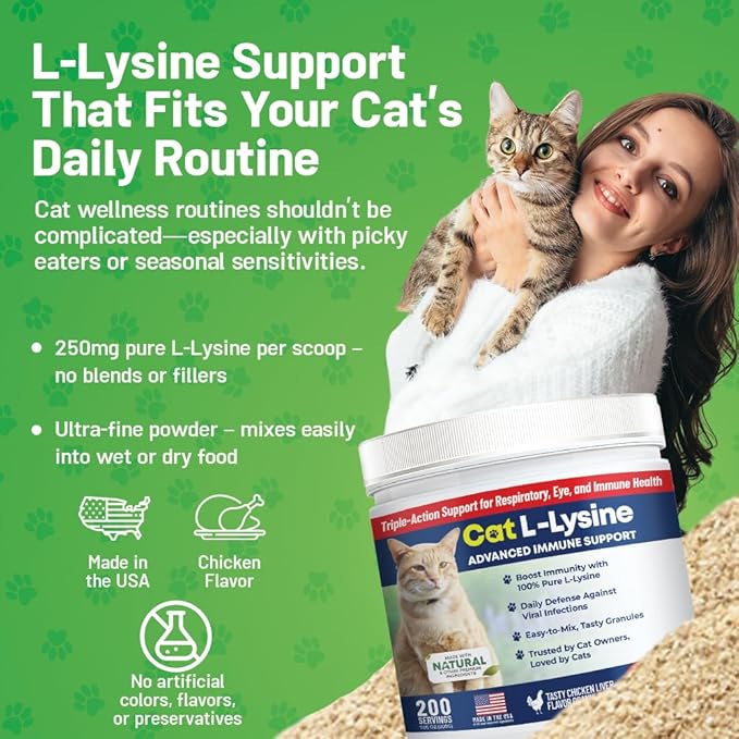 Guardian’s Choice 250mg L-Lysine for Cats, Advanced Immune Support for Respiratory, Eye & Nose Health, Chicken Liver Flavored Lysine Powder for Kittens & Seniors, 200 Servings