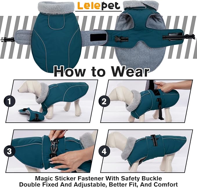 Lelepet Warm Dog Coat Reflective Fleece Vest Waterproof Dog Jacket with Adjustable Buckle Hook & Loop Windproof Cold Weather Coats for Small Medium Large Dogs, Dark Green, XXL
