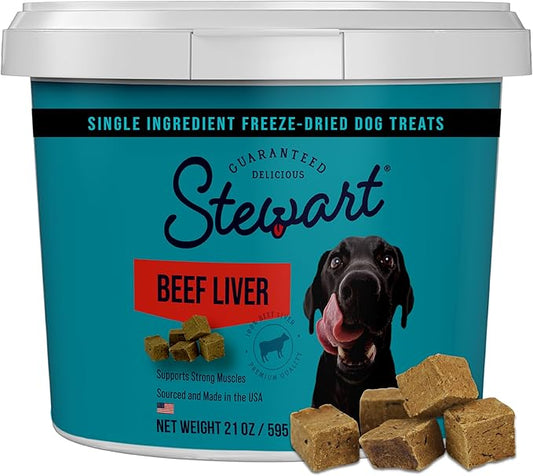 Stewart Single Ingredient Freeze Dried Raw Dog Treats, Beef Liver, 21 Ounce Value Size, Approx. 475 Pieces per Resealable Tub, Training Treats or Meal Topper, High Protein, Grain Free, Gluten Free