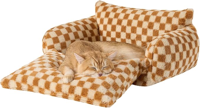 Hollypet Cat Bed Fluffy Plush Mutifuctional Double-Layer Soft Pet Couch Orthopedic Sofa Nest Beds for Small Cats and Dogs, Brown and Light Yellow (21x15x8 inch)