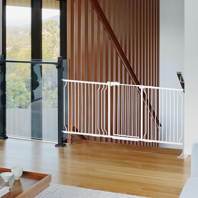 Extra Wide Baby Gate for Stairs Doorways with Door, 30" Tall 75.8-85" Wide Easy Install Dog Gate Indoor, Safety Metal Pressure Mounted Pet Gate with Walk-Thru Auto Close for The House, White