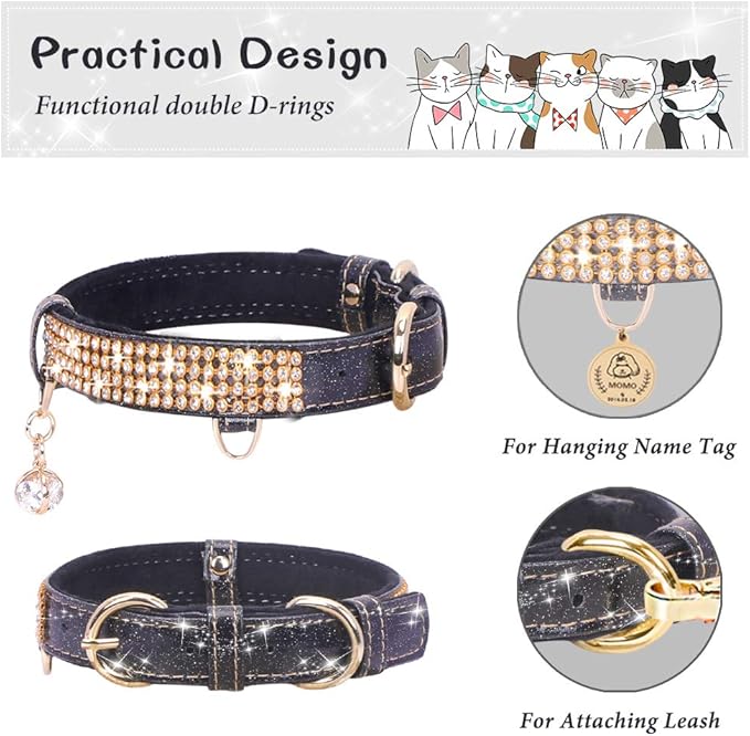 PetsHome Cat Collar, Dog Collar, [Bling Rhinestones] Premium PU Leather with Pendant Adjustable Collars for Cat and Small Dog Extra Small Black