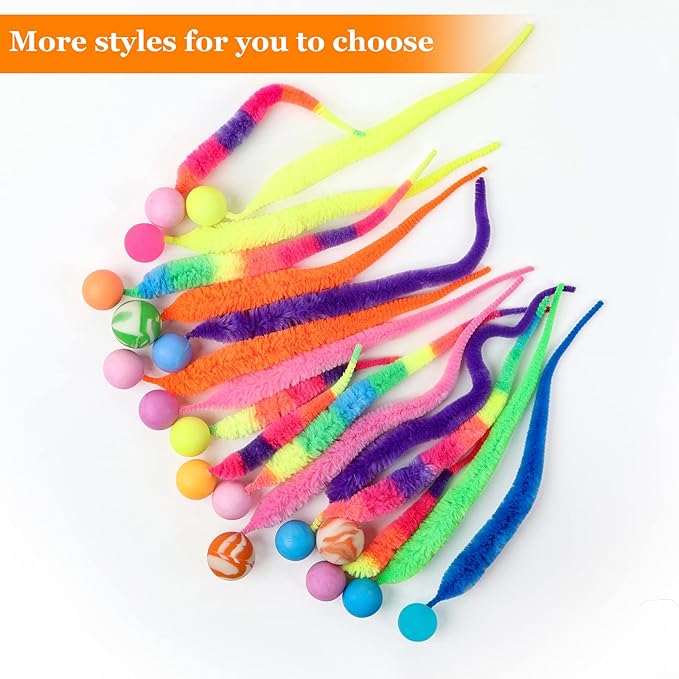 SHENGSEN Mixed Bouncy Ball with Tail Cat Toys-5 Packs,Rainbow Magic Worm with Ball Toy for Cats,Colorful Fuzzy Worm Bouncy Balls Cat Toy