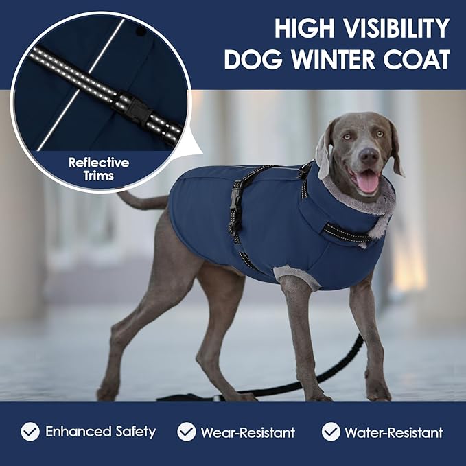 AOFITEE Dog Coat, Warm Dog Winter Coat with Harness Built in, Waterproof Pet Snow Jacket with Zipper on Back, Fleece Pet Sweater Outdoor Puffer Jacket Snowsuit for Extra Large Dogs, Blue XXL