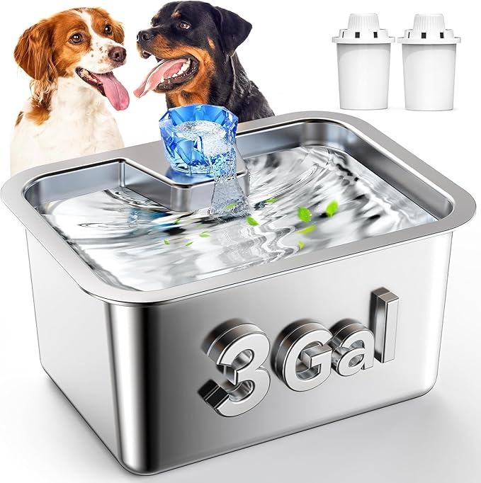 Dog Water Fountain for Large Dogs, tainless Steel 3Gallon Extra Big Pet Fountains, Dog Water Bowl Filter Automatic Dog Bowl Dispenser,Drinking Bowls for Multi Pets, Easy to Clean, Quiet Pump
