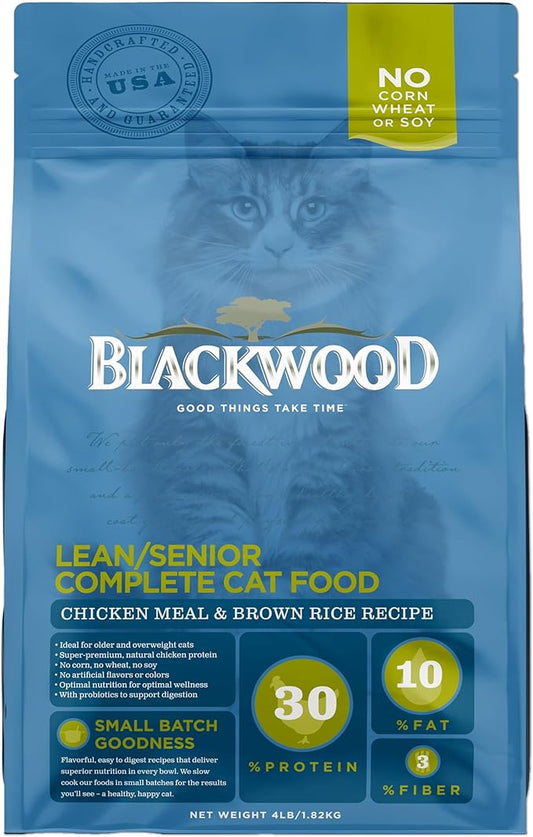 Blackwood Dry Cat Food, Lean / Senior Formula, Chicken Meal & Brown Rice Recipe, 4 Pound Bag, High Protein, Slow Cooked