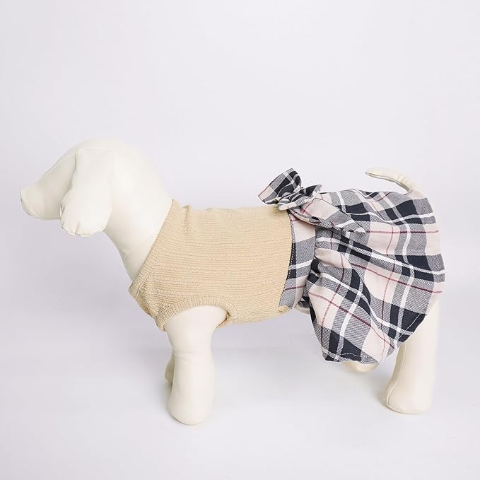 PUPTECK Classic Plaid Dog Dress Pet Apparel with Cute Bowtie Puppy Clothes Outfit,Cream,XS