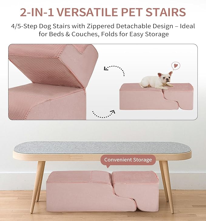 Made4Pets Dog Stairs Ramp for Bed, 4-Step Dog Steps for High Bed Couch Sofa Climbing, 35D Foam Pet Steps for Small Dogs and Cats, Non-Slip Bottom Pet Stairs, Pink