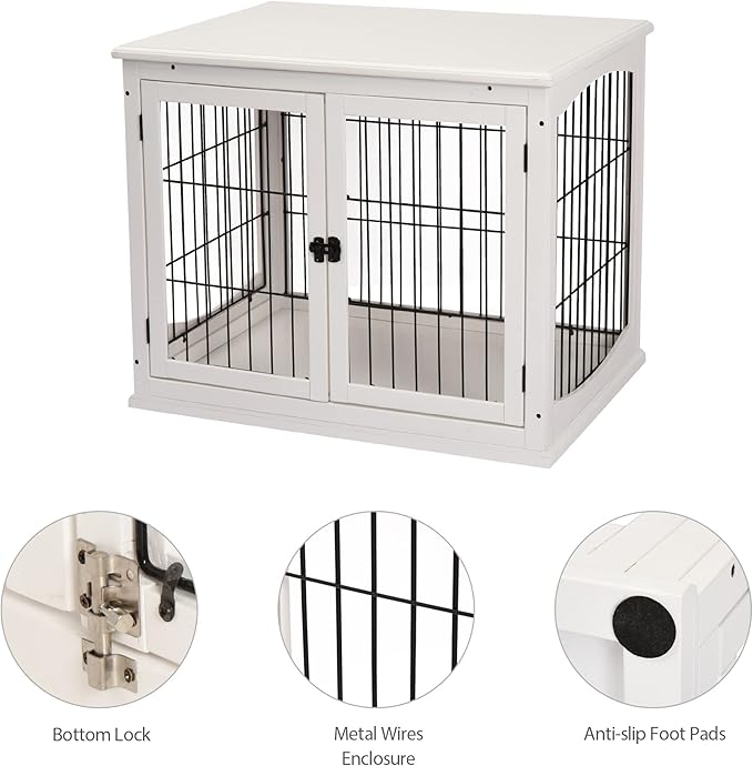 PawHut Dog Crate Furniture, 32" Small Dog Cage End Table with 2 Doors, Lockable Door, Puppy Kennel Indoor, White