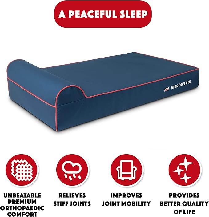 The Dog’s Bed Orthopedic Headrest Dog Bed XL Blue Oxford with Red Trim UK Flag Dog Bed, Memory Foam, Hip & Elbow Dysplasia, Post Surgery, Waterproof Washable Cover