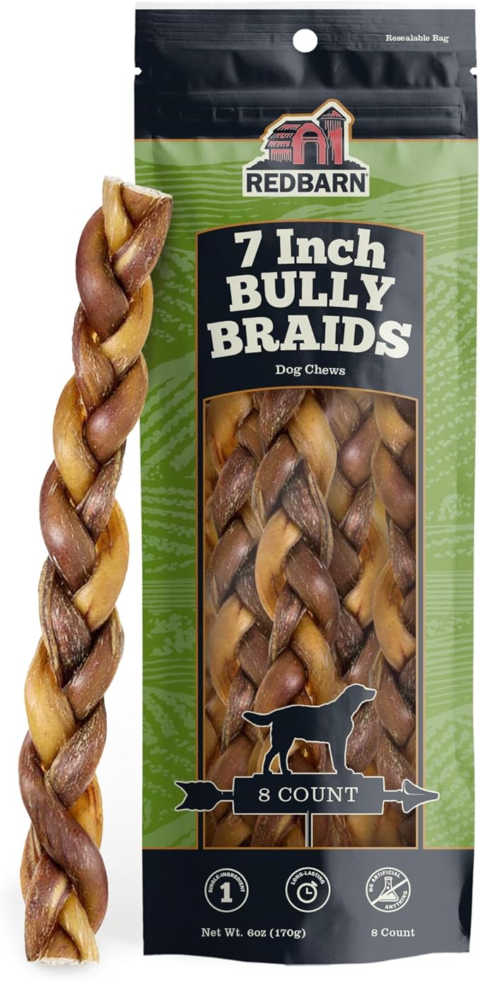 Redbarn Pet Products All-Natural 7" Braided Bully Sticks for Dogs - Premium Slow Roasted Long Lasting Chews Made with 100% Beef - Healthy Single Ingredient Low Odor - 8 Count - Packaging May Vary