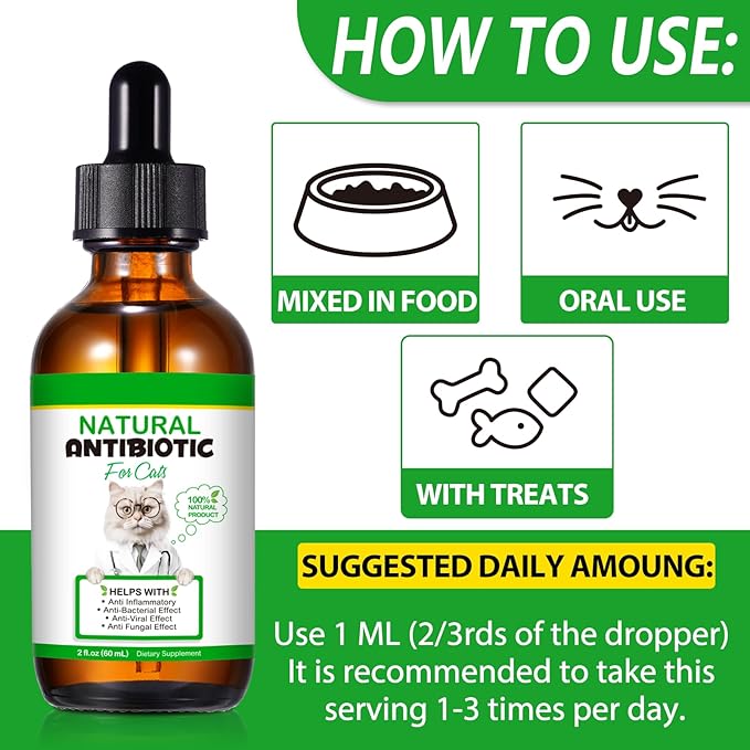 Antibiotics for Cats 2 Fl Oz, Natural Antibiotic for Cat, Supports Cat Allergy Relief, Cats Allergy Relief, Promotes Urinary Tract Health, Chicken Flavor