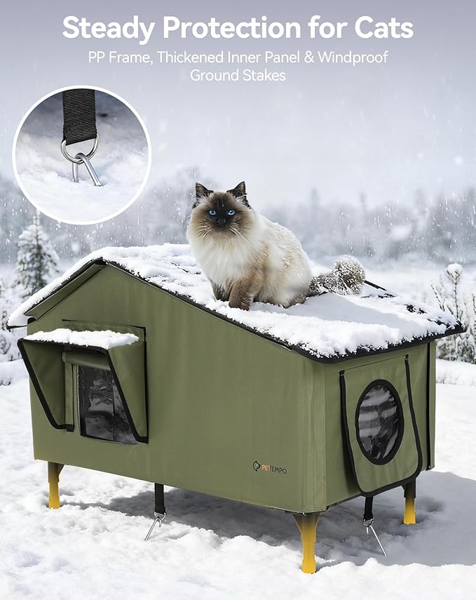 Heated Outdoor Cat House Weatherproof, 23"x18" Insulated Feral Cat Shelter with Pet Heating Pad, Escape Door & Observation Window for Kitten Puppy, UL Certified