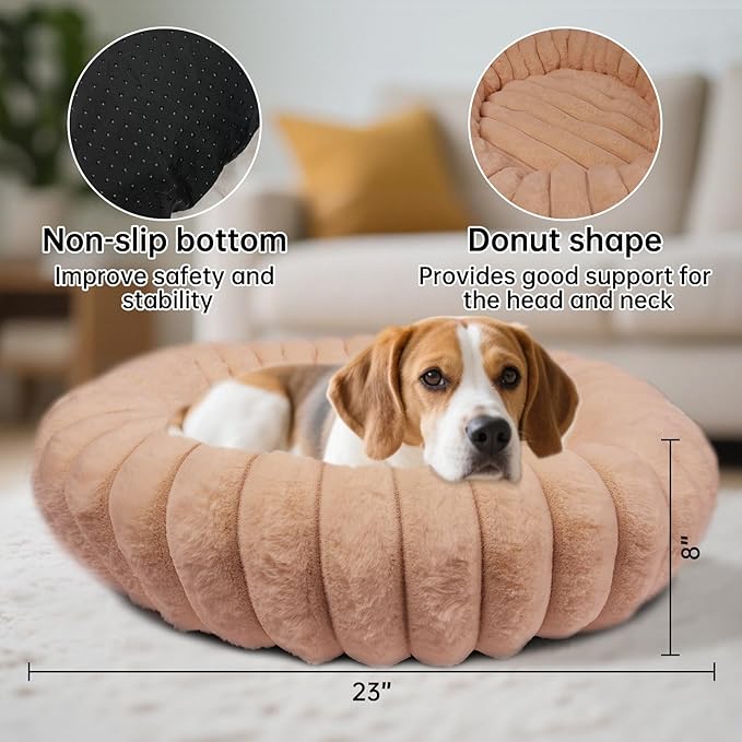 Donut Dog and Cat Bed, Luxurious Comfortable Faux Rabbit Fur Pet Beds, Round Anti-Anxiety Calming Puppy Kitten Bed with Anti-Slip Bottom for Small Medium Dogs & Cats(23", Brown)