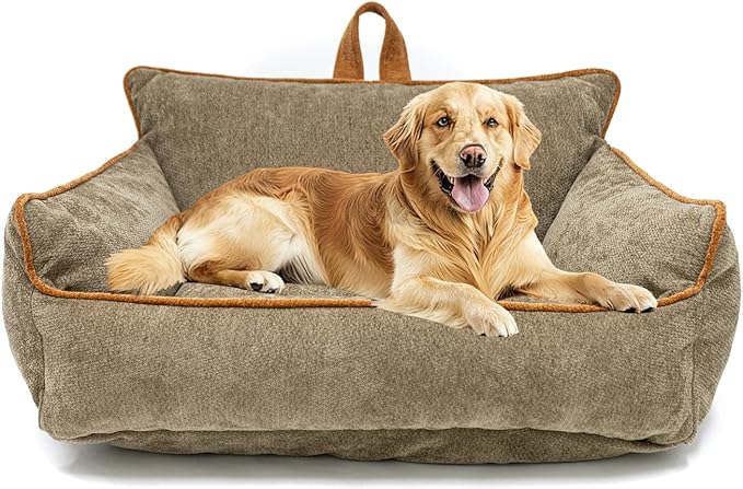 Large Orthopedic Dog Sofa Bed with Sides, Carry Handle & Side Pockets .Plush Chenille Orthopedic Pet Bed Couch for Large Dogs.Portable Snuggler for Indoor Use, Travel & Recovery(Brown)