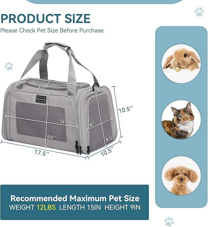 PETSFIT Cat Carrier Airline Approved, Soft Carrier for Small and Medium Cats Under 12 Lbs, Soft Cat Travel Bag, Kitten Carrier with Extendable Mat, Grey