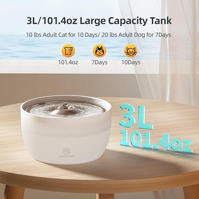 Cat Water Fountain: Silent cat Fountains for Drinking with Ultra-Quiet Pump, 101.4oz/3L Automatic Pet Fountain with 2 Filters, Easy Clean Water Fountains for Cats Indoor, White
