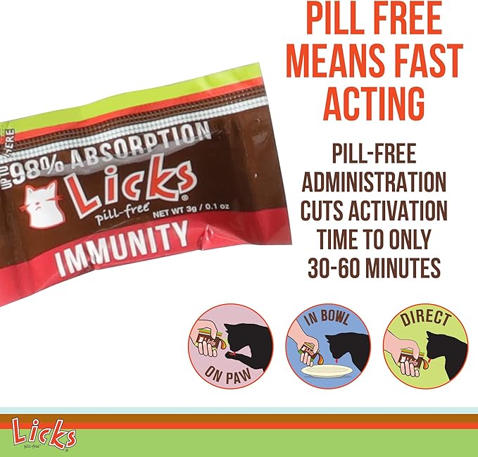 Licks Pill-Free Cat Immunity - Immune Support Cat Supplies - Respiratory Supplements - Health Supplies - Gel Packets - 30 Use
