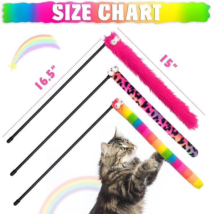 3 Pack Cat Wand Toy, Rainbow Cat Feather Toys with Bells, Teaser Wand with Soft Furry Tail, Interactive Toys for Indoor Cats & Kitten & Kitty