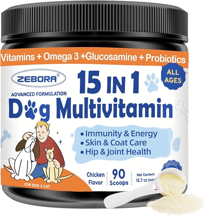 ZEBORA Dog Multivitamin Powder with Glucosamine, Dog Vitamins and Supplements for Immune Support, Skin and Coat Supplement with Omega 3 for Allergy Relief, Probiotics for Digestive & Gut Health