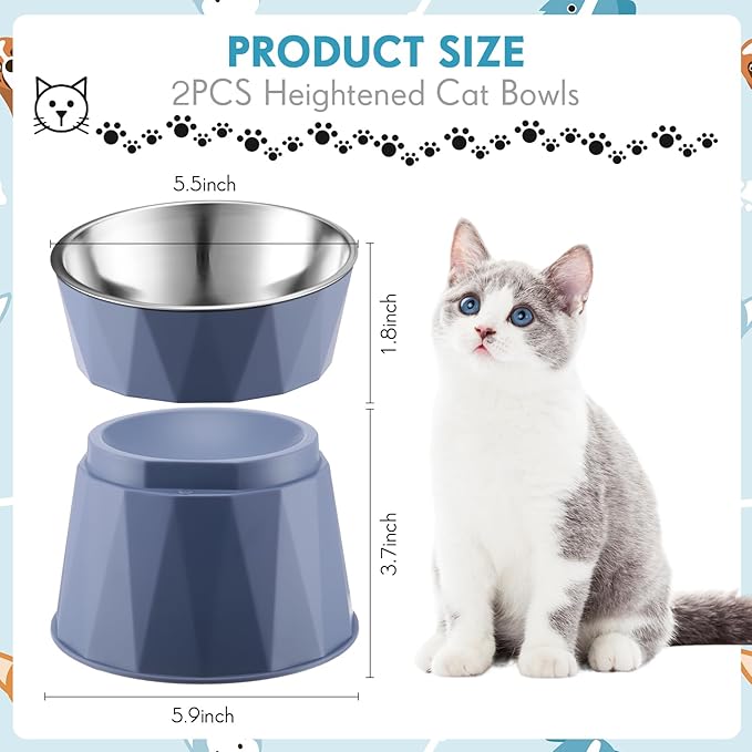 Lallisa 2 Pcs Elevated Cat Bowls Adjustable Raised Cat Feeder Non Slip Food Water with Stand Safe Stainless Steel Bowls with Pet Food Stand for Pets Feeding Eating(Blue)