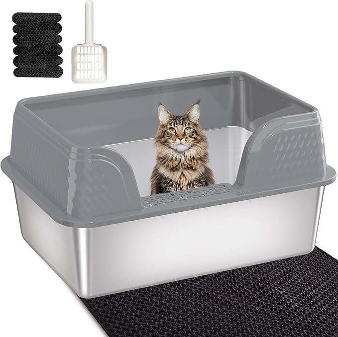 Stainless Steel Litter Box XL 23.6" x 15.7" x 12", Metal Litter Box with Lid - Extra Large Space with High Sides for Big Cats, Side Entry, Leak-Proof, Anti-Splashing, Grey