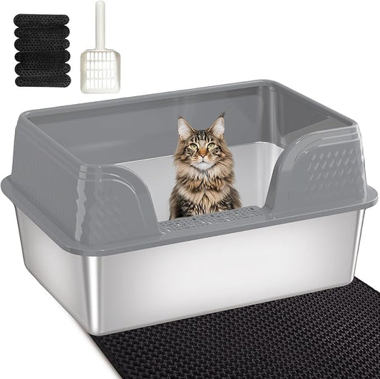 Stainless Steel Litter Box XL 23.6" x 15.7" x 12", Metal Litter Box with Lid - Extra Large Space with High Sides for Big Cats, Side Entry, Leak-Proof, Anti-Splashing, Grey
