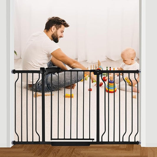 Extra Wide Baby Gate for Stairs Doorways with Door, 30" Tall 47.7-57.1" Wide Easy Install Dog Gate Indoor, Safety Metal Pressure Mounted Pet Gate with Walk-Thru Auto Close for the House, Black