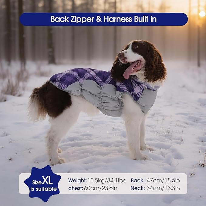 FUAMEY Dog Coat for Large Dogs,Waterproof Dog Winter Jacket with Harness Built in Puppy Cold Weather Coats Reflective Pet Vest with Zipper Warm Fleece Dogs Snowsuit Windproof Purple Plaid 3XL