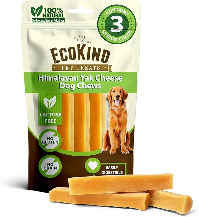 EcoKind Pet Treats Gold Himalayan Yak Cheese Medium Dog Chew | Great Treats for Dogs, Indoors & Outdoor Use - 3 Medium Chews