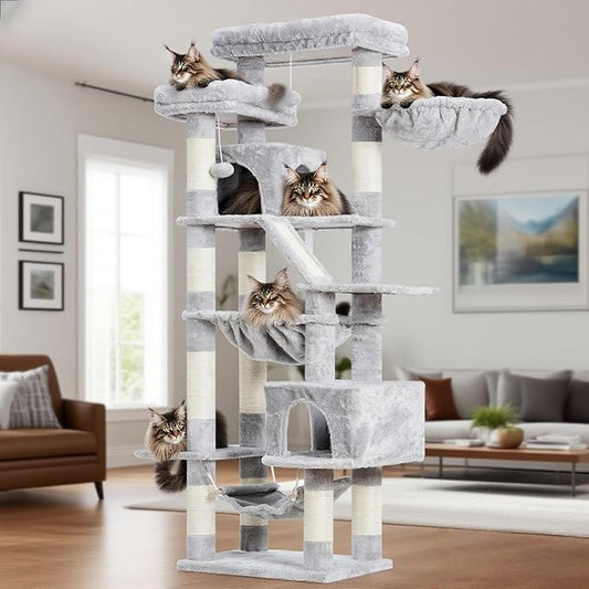 Heybly Cat Tree, 71-Inch-Tall Tower for Indoor Cats with 2 Perches, 2 Big Condos, 2 Hammocks, Basket, Scratching Pad, Large Cat Furniture and Condo, Light Gray HCT034W