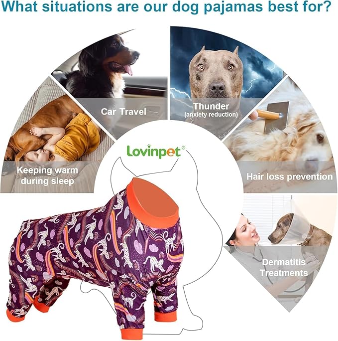 LovinPet Recovery Bodysuit for Medium Large Dogs, Anxiety Calming Pajamas, Lightweight Comfy Fabric, Rainbow Print, Large PJs, 4-Legged Pullover Onesie for Boy Or Girl, Medium