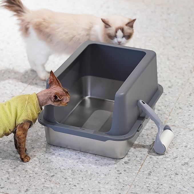 Litter Box with Lid, Stainless Steel Litter Box, 10" Metal Litter Tray High Sides, Small Litter Pan for Kittens, Enclosed Cat Litter Pan, Non-Sticky Covered Grey, Easy Clean