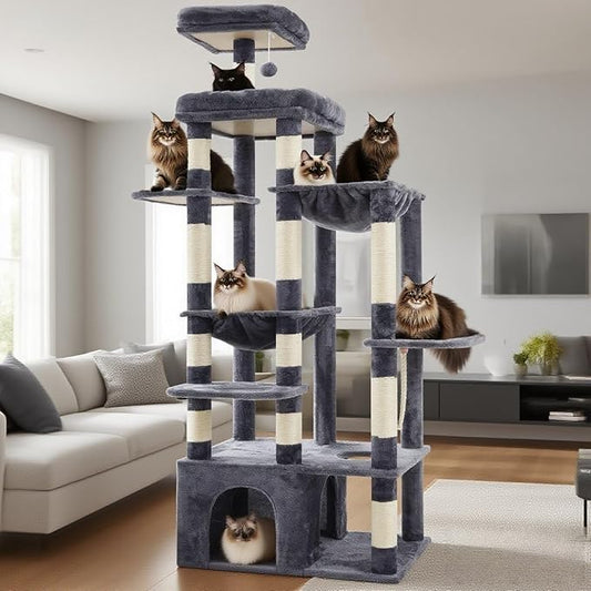 Heybly Cat Tree, 71-Inch Tall Cat Tower for Large Maine Coon Cats with Extra-Large Baseboard, Cat Condo Furniture with Multi-Level Platforms, 2 Hammocks and 12 Scratching Posts, Smoky Gray HCT037G
